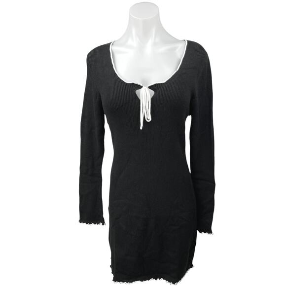 Miss Selfridge Black Ribbed Knit Scoop Long Sleeve Mini Bodycon Sweater Dress 14 - Picture 1 of 5